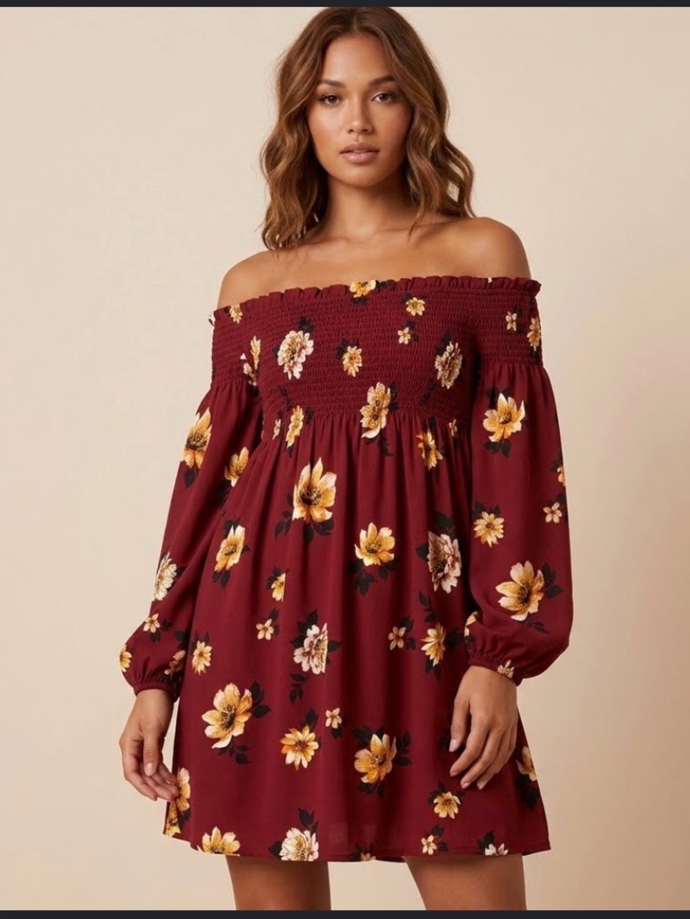 Women’s Boho Burgundy Off-Shoulder Peasant Floral Mini Dress XS